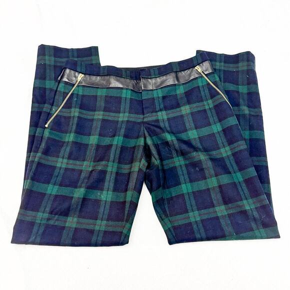 Club Monaco Plaid Patterned Straight Leg Green Slack Pants Leather Banded Size 4 - Picture 4 of 10